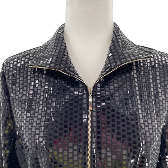 Exclusively Misook Black Square Pattern Shiny Full Zip Jacket Women Sz S - Picture 4 of 12